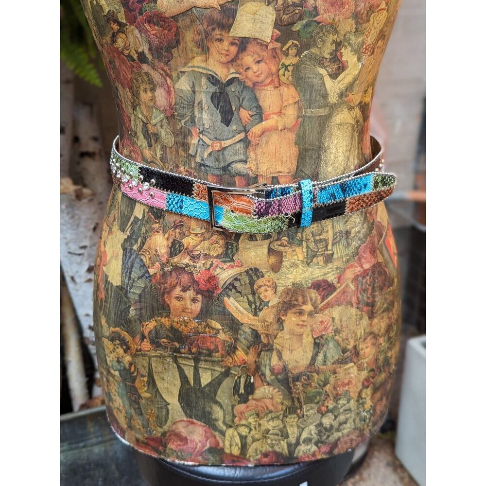 Vintage Y2K Green Patchwork Bling Blue Pink Rhinestone Chunky Belt Sz M